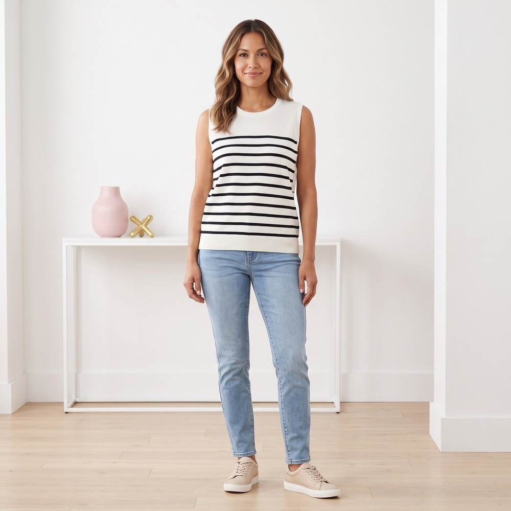 A New Day Sweater Vest Women XL Ivory Black Striped Sleeveless Knit Crewneck Top - Picture 4 of 8